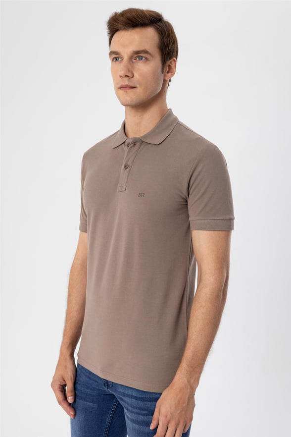 Açık Kahve Regular Armürlü Polo Yaka  Tişört