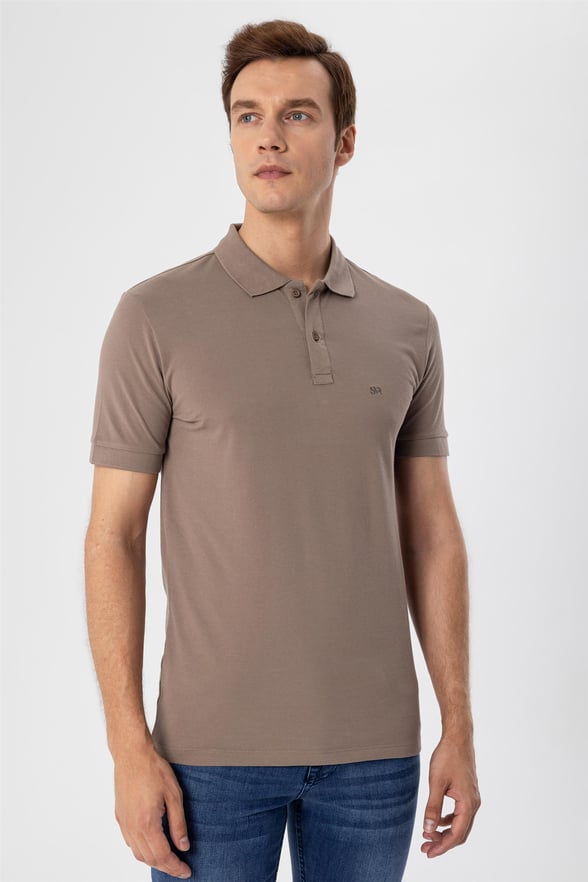 Açık Kahve Regular Armürlü Polo Yaka  Tişört
