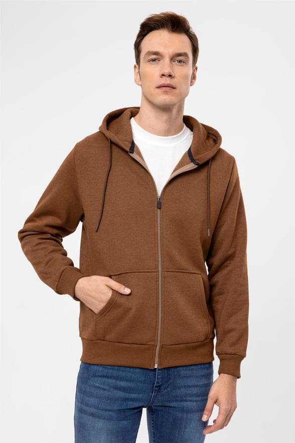Açık Kahve Regular Düz Kapişonlu Yaka  Sweatshirt