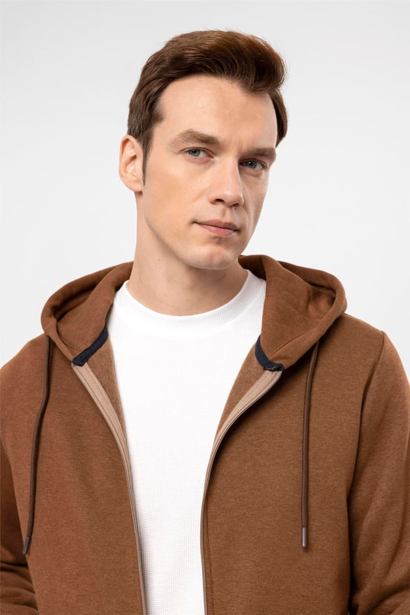 Açık Kahve Regular Düz Kapişonlu Yaka  Sweatshirt