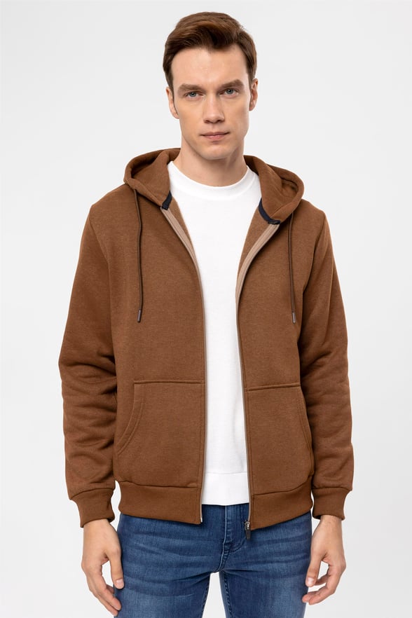 Açık Kahve Regular Düz Kapişonlu Yaka  Sweatshirt