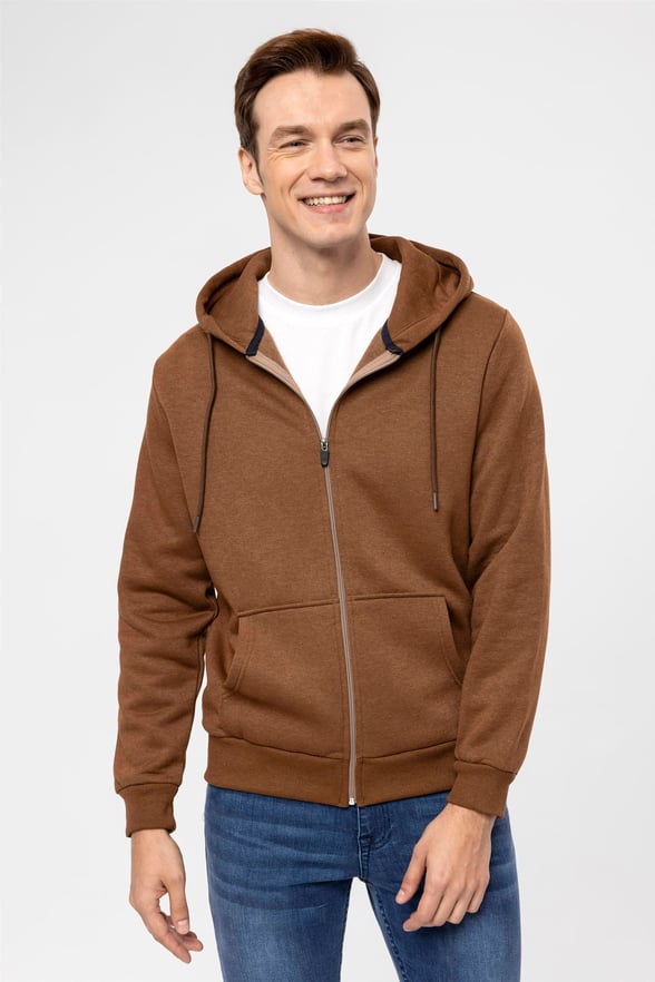 Açık Kahve Regular Düz Kapişonlu Yaka  Sweatshirt