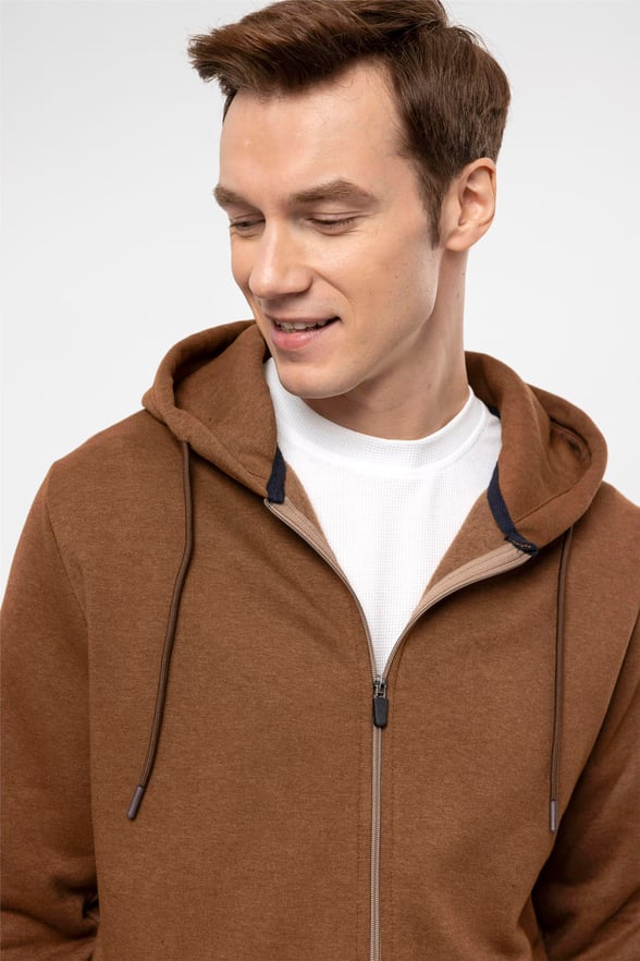 Açık Kahve Regular Düz Kapişonlu Yaka  Sweatshirt