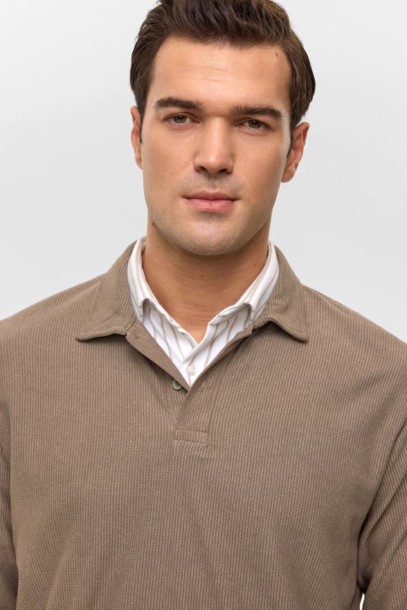 Açık Kahve Regular Düz Polo Yaka Sweatshirt