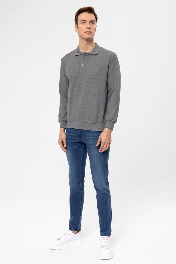 Antrasit Regular Armürlü Polo Yaka  Sweatshirt