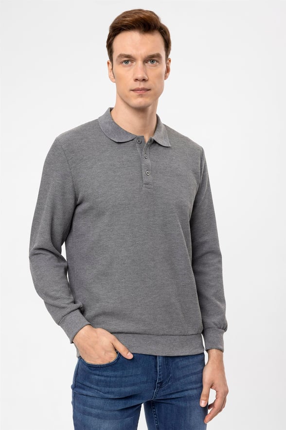 Antrasit Regular Armürlü Polo Yaka  Sweatshirt