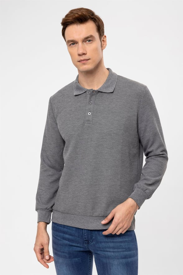 Antrasit Regular Armürlü Polo Yaka  Sweatshirt