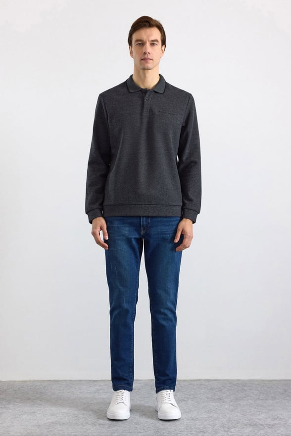 Antrasit Regular Düz Fermuarlı Polo Yaka Sweatshirt
