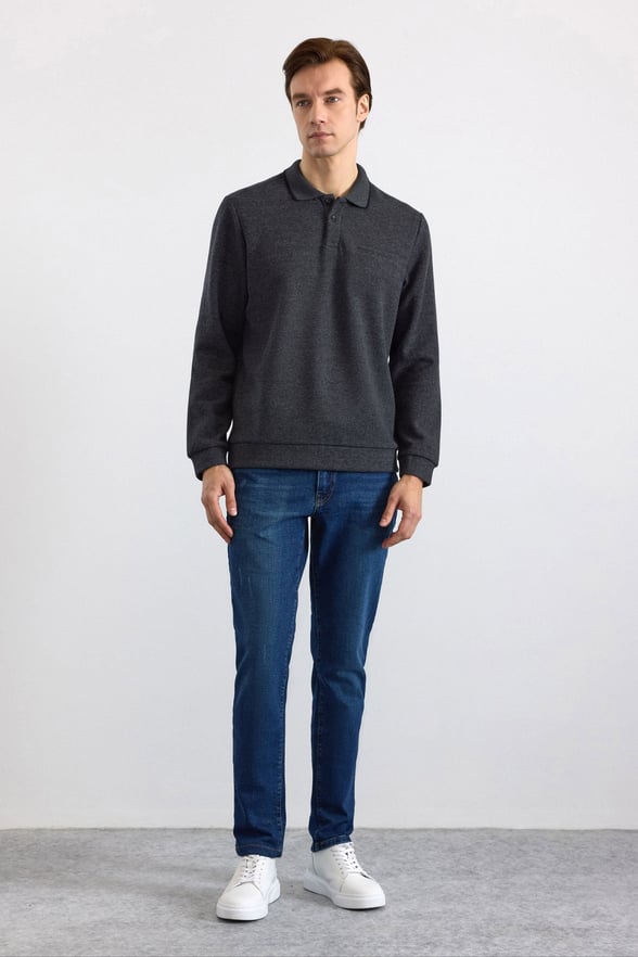Antrasit Regular Düz Fermuarlı Polo Yaka Sweatshirt