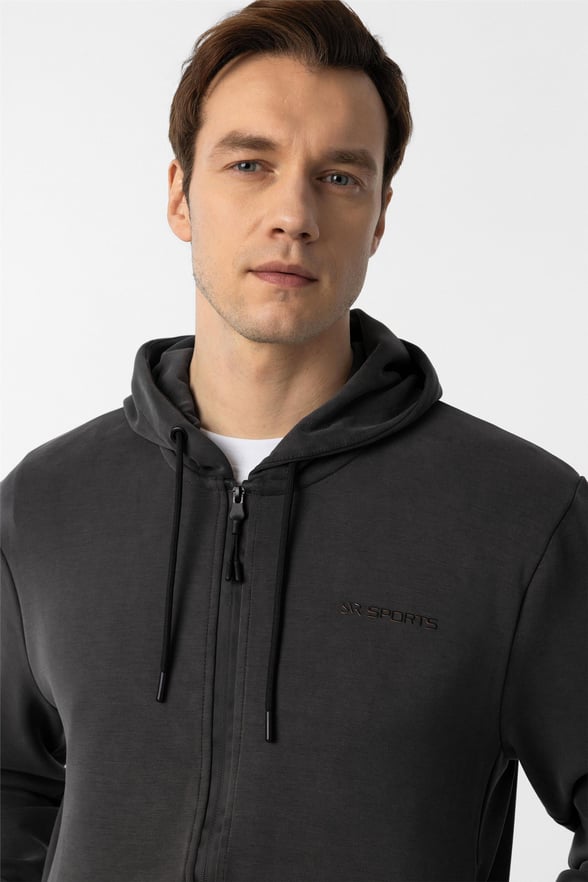 Antrasit Slim Düz Kapişonlu Yaka Sweatshirt