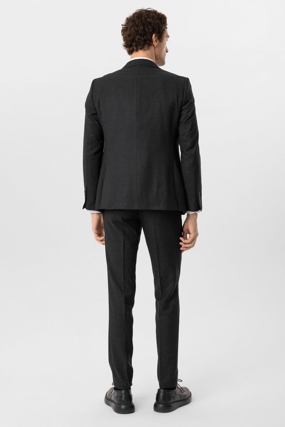 Antrasit Slim Fit Armürlü Sivri Yaka 6 Drop Yelekli Klasik Takım Elbise