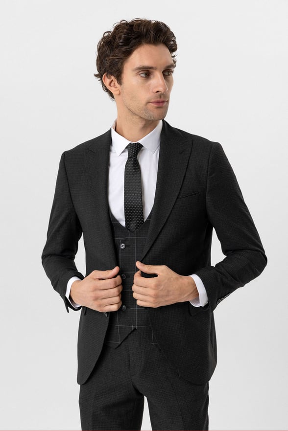 Antrasit Slim Fit Armürlü Sivri Yaka 6 Drop Yelekli Klasik Takım Elbise