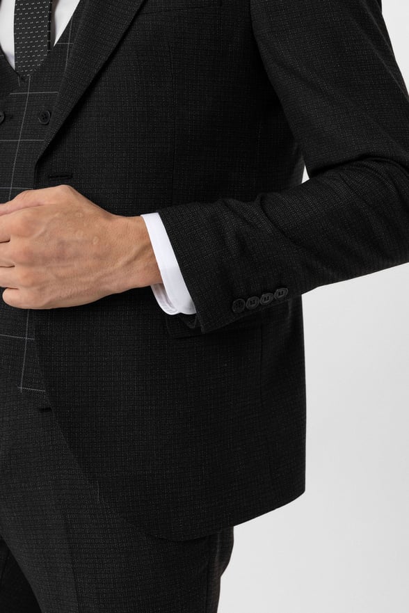 Antrasit Slim Fit Armürlü Sivri Yaka 6 Drop Yelekli Klasik Takım Elbise