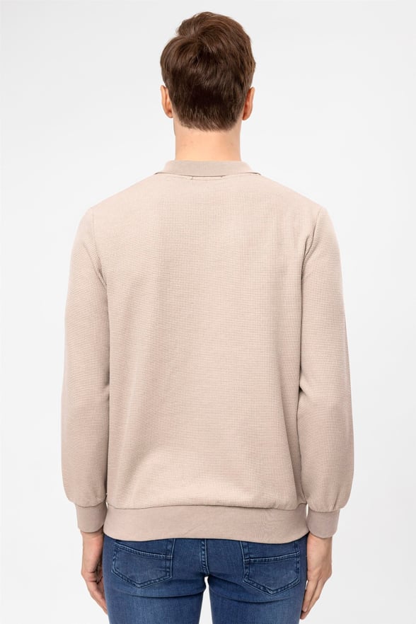 Bej Regular Armürlü Polo Yaka  Sweatshirt
