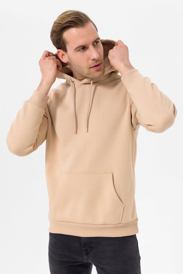 Bej Regular Düz Kapişonlu Yaka  Sweatshirt