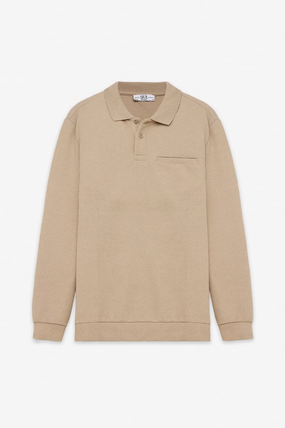Bej Regular Düz Polo Yaka Sweatshirt