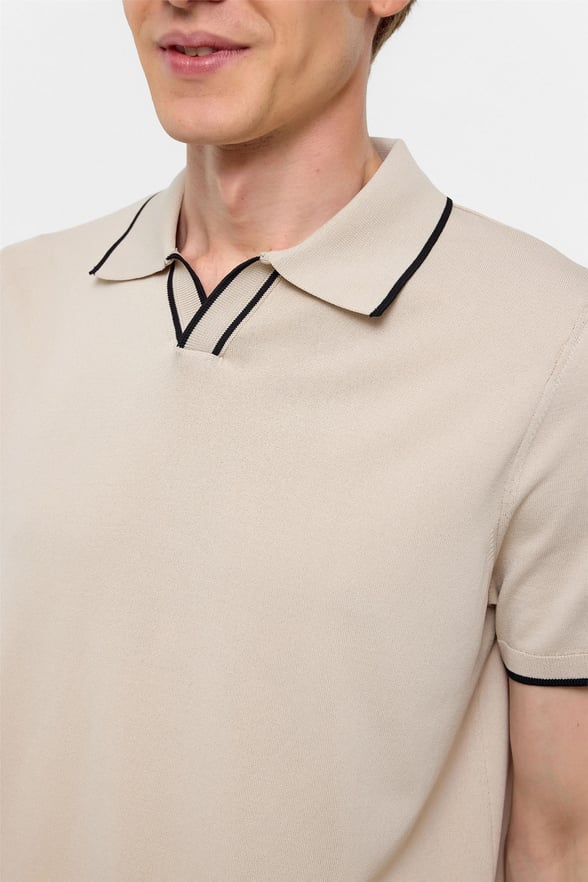 Bej Regular Düz Polo Yaka Triko Tişört 