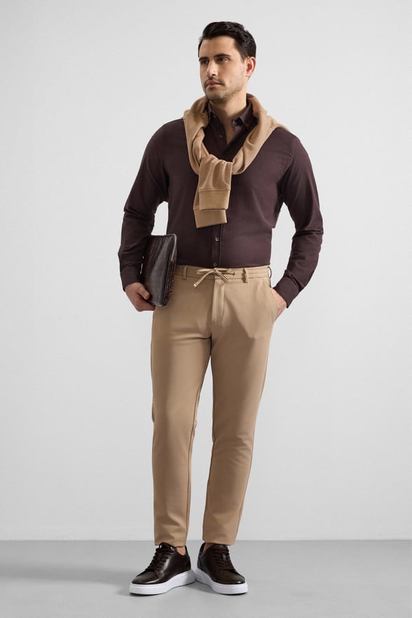 Bej Slim Düz Gabardin Bağcıklı Su Geçirmez Jogger Pantolon