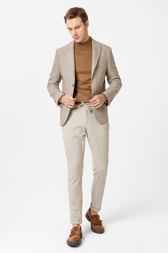 Bej Slim Fit Düz Sivri Yaka 6 Drop Ceket