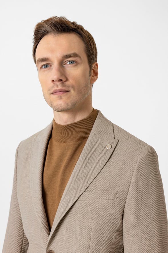 Bej Slim Fit Düz Sivri Yaka 6 Drop Ceket