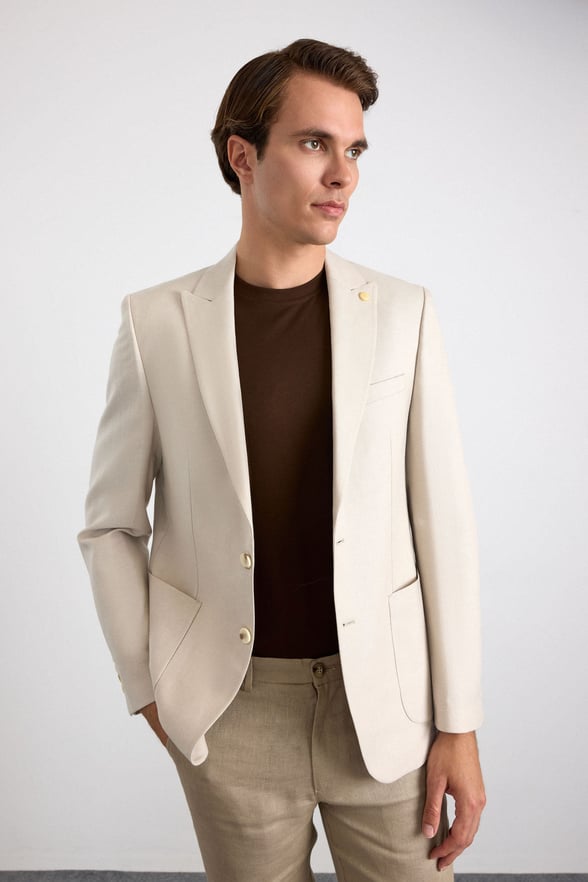Bej Slim Mono Yaka Düz Poplin Torba Cep Standart 6 Drop Klasik Ceket
