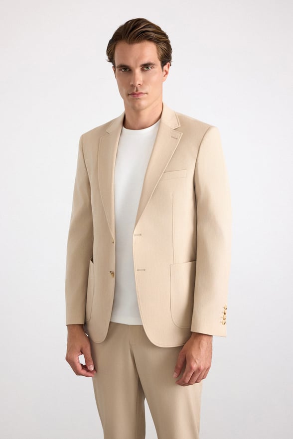 Bej Slim Mono Yaka Düz Torba Cep 6 Drop Takım Elbise