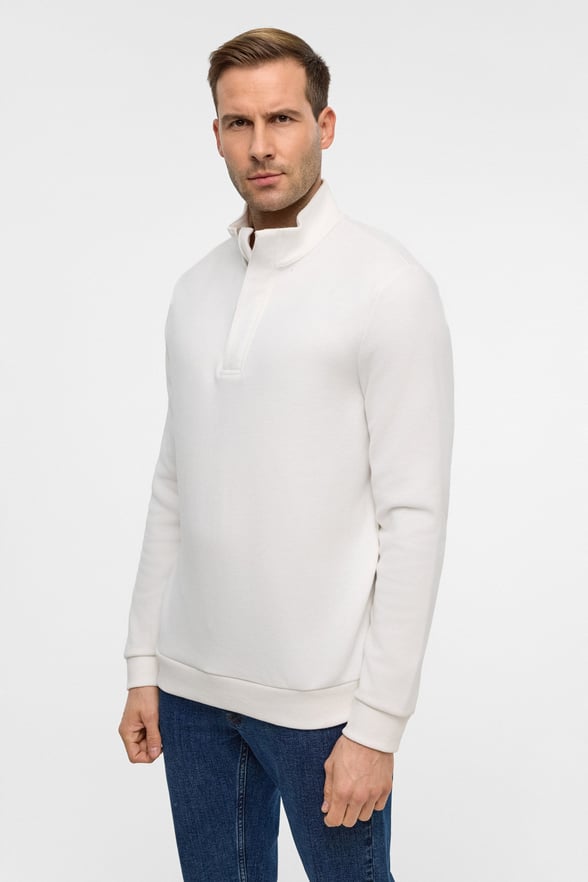 Beyaz Regular Düz Polo Yaka Sweatshirt