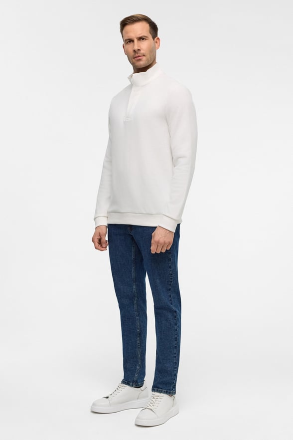 Beyaz Regular Düz Polo Yaka Sweatshirt