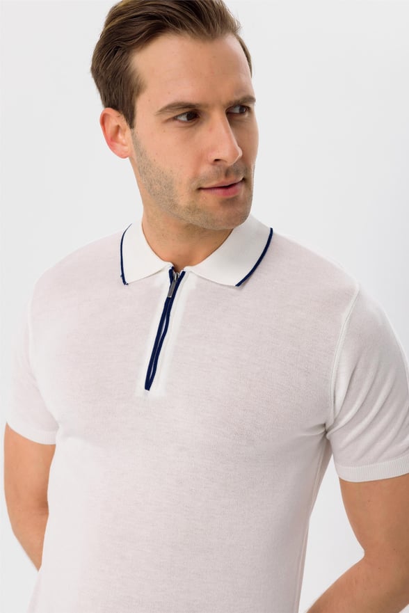 Beyaz Regular Düz Polo Yaka  Triko