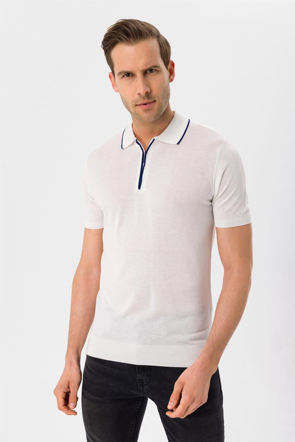 Beyaz Regular Düz Polo Yaka  Triko