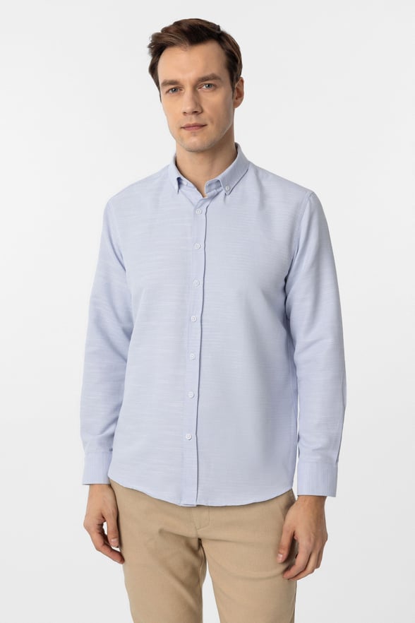 Buz Mavi Slim Fit Armürlü Düğmeli Yaka Gömlek