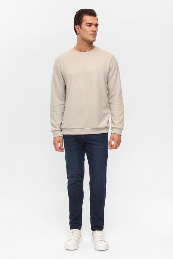 Ekru Regular Düz Bisiklet Yaka Sweatshirt