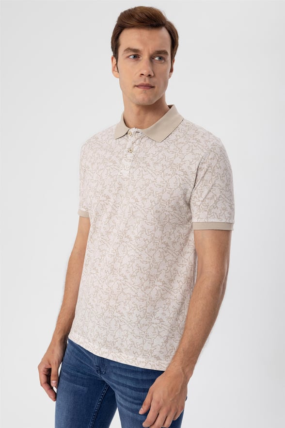 Ekru Slim Baskılı Polo Yaka  Tişört