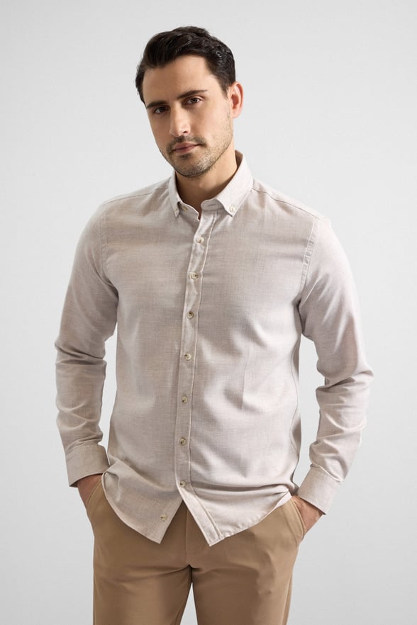 Ekru Slim Düğmeli Yaka Düz Cepsiz Casual Gömlek