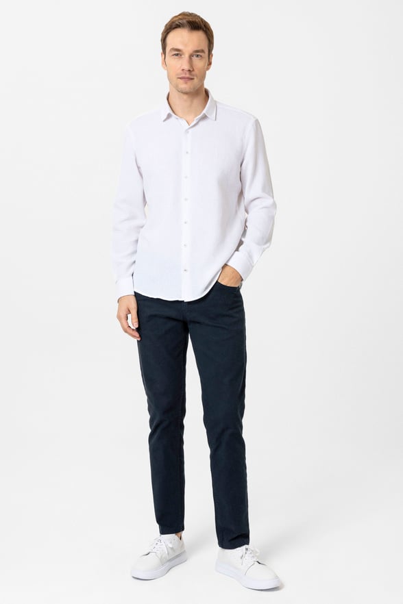 Ekru Slim Fit Desenli Klasik Yaka Gömlek