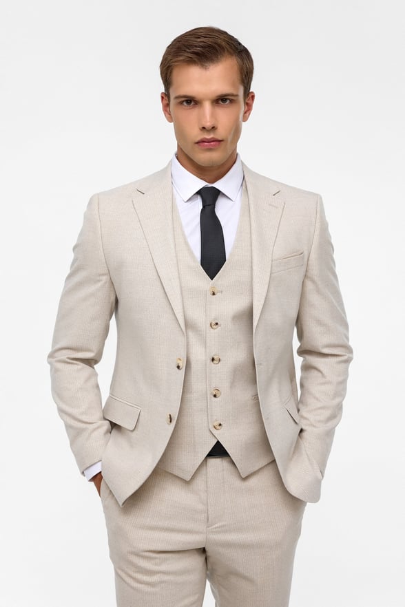 Ekru Slim Fit Desenli Mono Yaka 6 Drop Yelekli Klasik Takım Elbise