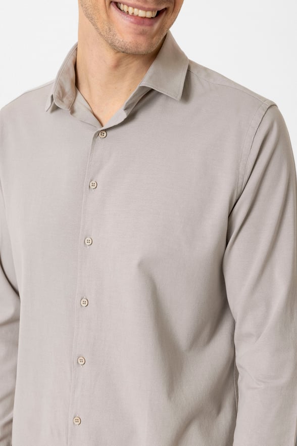 Ekru Slim Fit Düz Klasik Yaka Gömlek