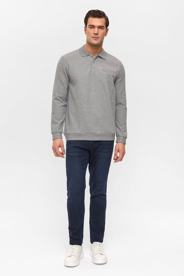 Gri Regular Armürlü Polo Yaka Sweatshirt