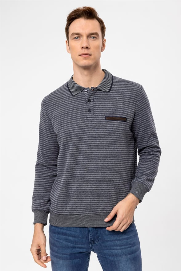 Gri Regular Çizgili Polo Yaka  Triko