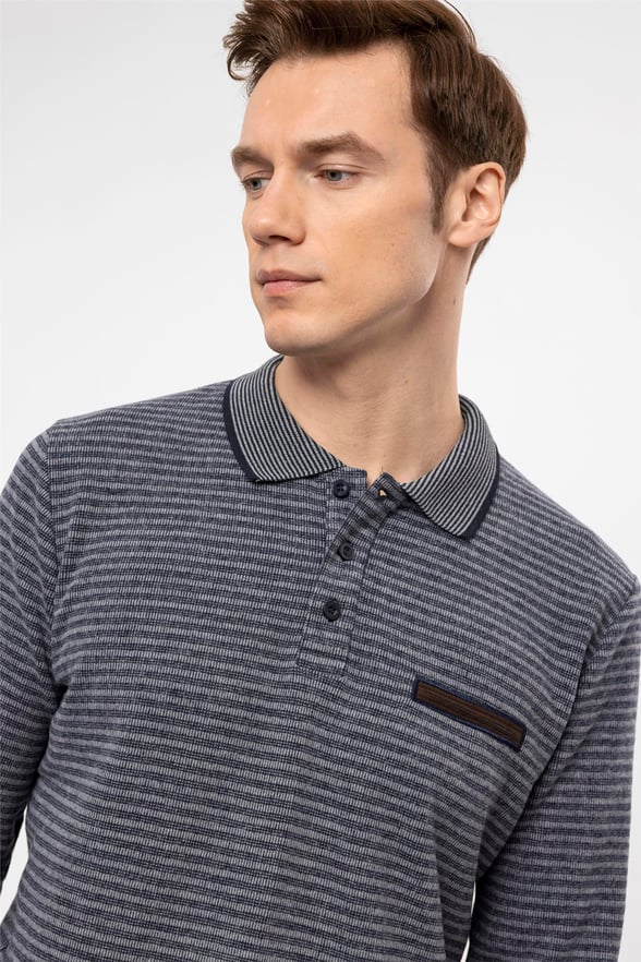 Gri Regular Çizgili Polo Yaka  Triko