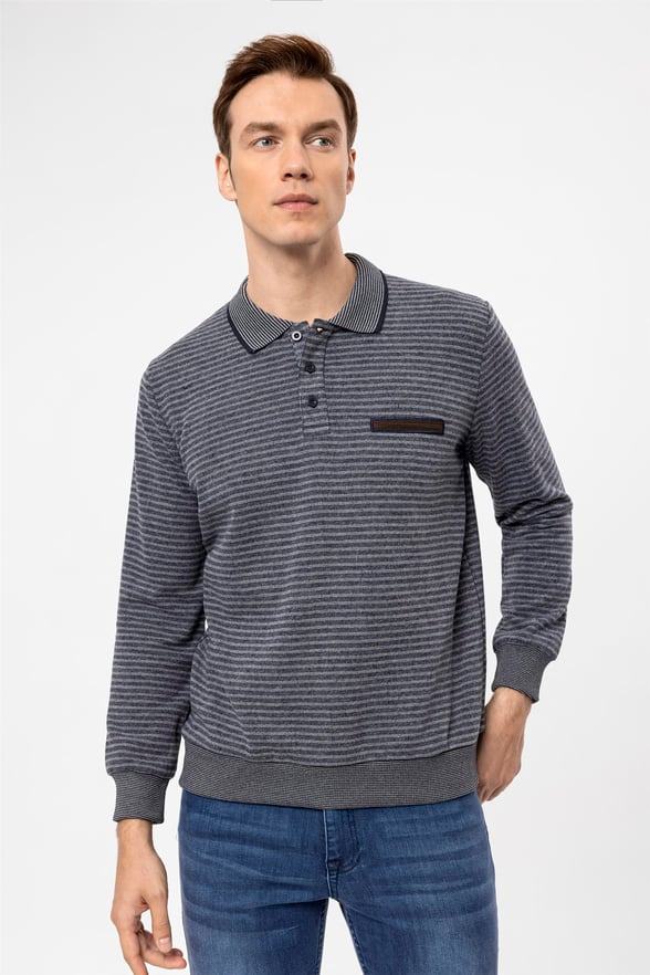 Gri Regular Çizgili Polo Yaka  Triko