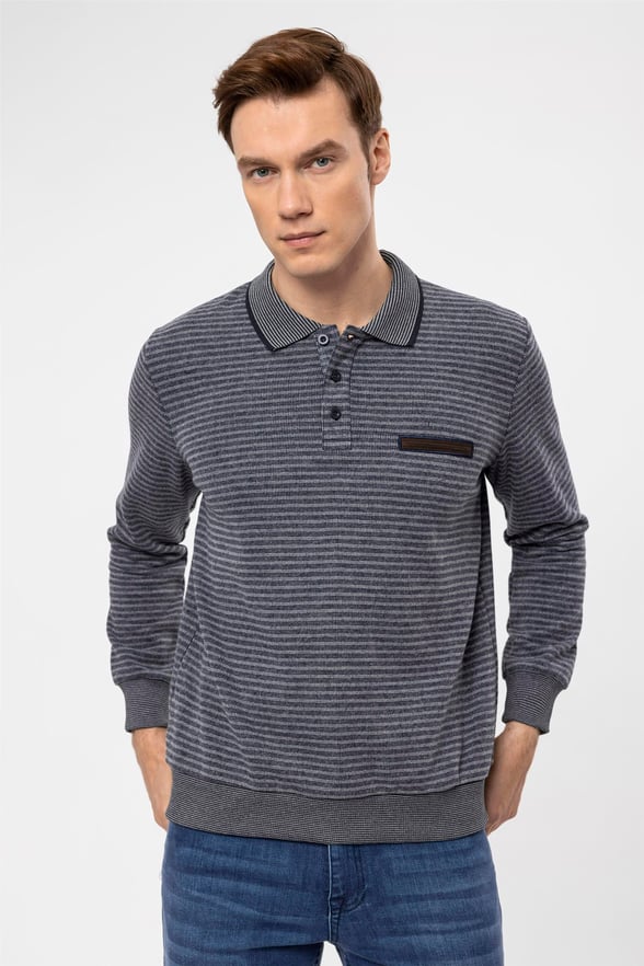 Gri Regular Çizgili Polo Yaka  Triko