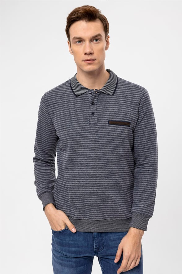 Gri Regular Çizgili Polo Yaka  Triko