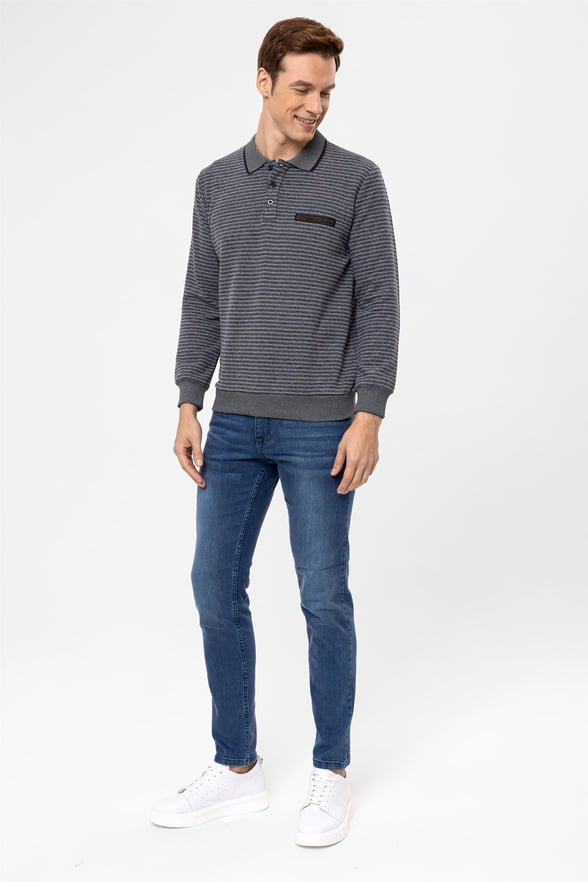 Gri Regular Çizgili Polo Yaka  Triko