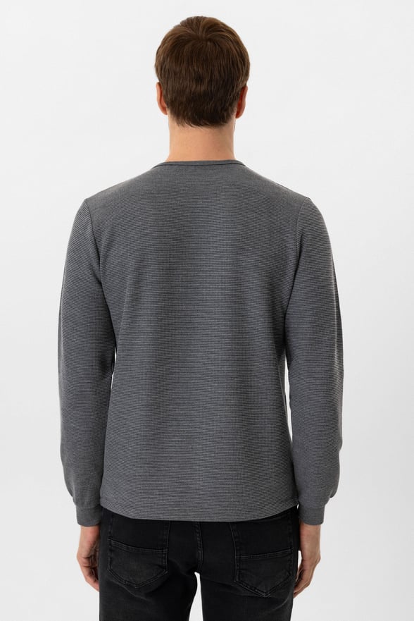 Gri Slim Fit Armürlü Bisiklet Yaka Sweatshirt