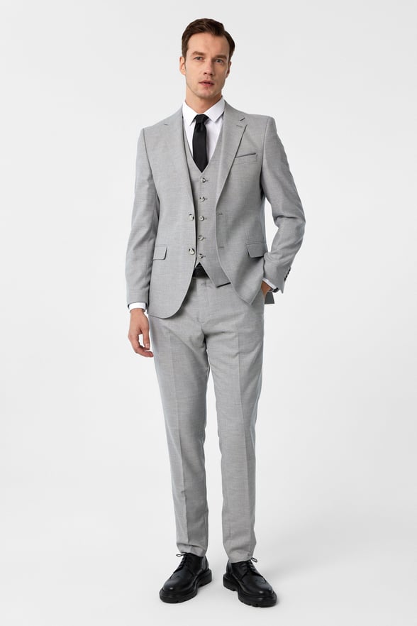 Gri Slim Fit Desenli Mono Yaka 6 Drop Yelekli Klasik Takım Elbise