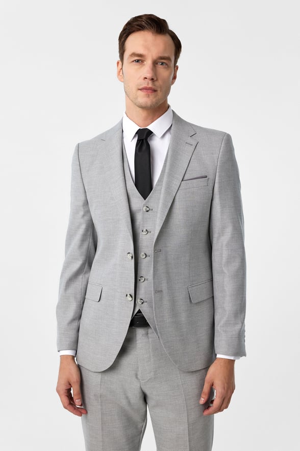 Gri Slim Fit Desenli Mono Yaka 6 Drop Yelekli Klasik Takım Elbise