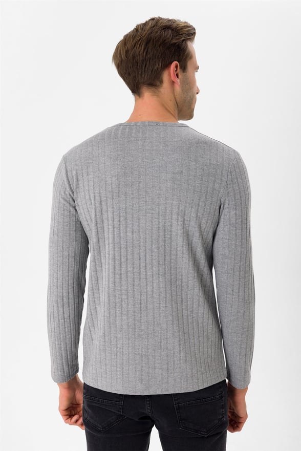Gri Slim Fitilli O Yaka  Sweatshirt