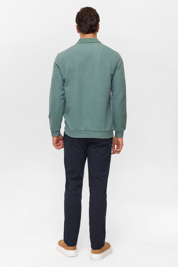 Haki Regular Armürlü Polo Yaka Sweatshirt