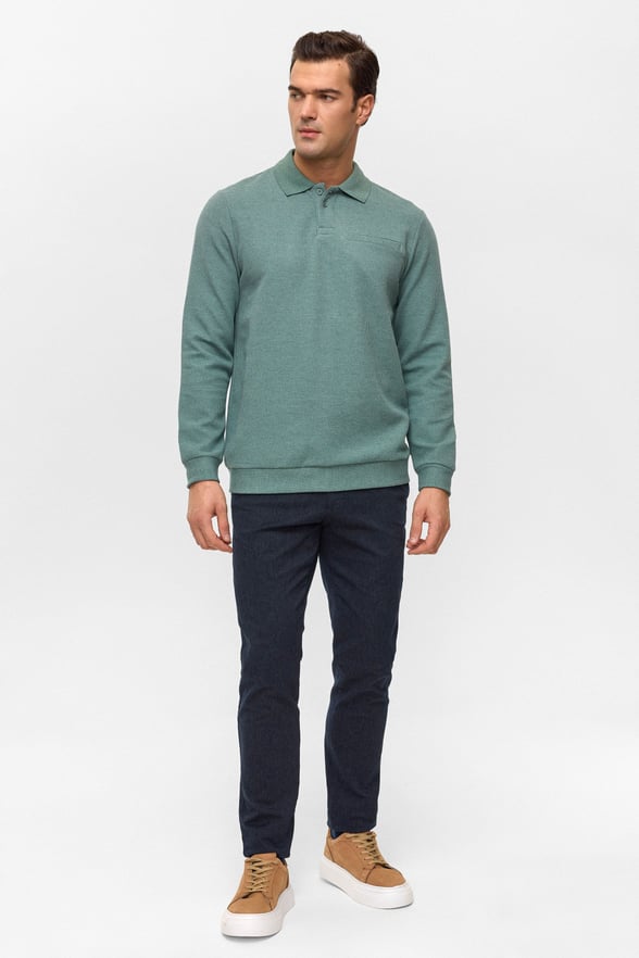 Haki Regular Armürlü Polo Yaka Sweatshirt